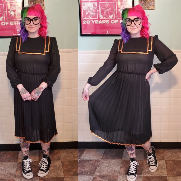 Vintage Dresses & Skirts - Vintage 80s Black Sheer Long Sleeve Midi Dress Goth Whismygoth Metallic